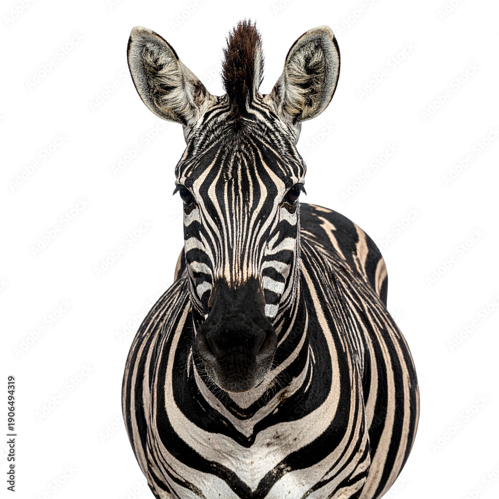 Naklejka premium A portrait of a wild striped zebra, a majestic African mammal and herbivore, showing its black and white pattern isolated on a white background for a safari or nature zoo theme