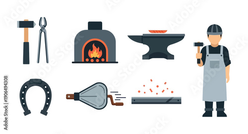 Collection of essential blacksmith tools and equipment including hammer, anvil, forge, and worker, perfect for illustrating metal crafts and traditional manufacturing processes.