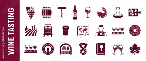 Comprehensive Wine Tasting Icon Set with Grapes, Barrel, Corkscrew, Bottle, Glass, Decanter, Vineyard, Sommelier, Tasting Flight, Wine Cellar, and Cheese Board for Winery and Enology Branding.