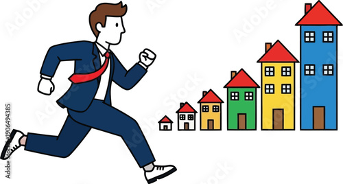 Man in blue suit running towards colorful houses from left to right viewpoint