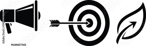 Marketing megaphone, target with arrow, and leaf with arrow icons, symbolizing strategy and growth