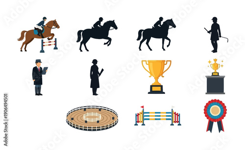Equestrian event competition collection featuring horse and rider jumping, show officials, winner trophies, arena, obstacle, award rosette for championship sports promotions.