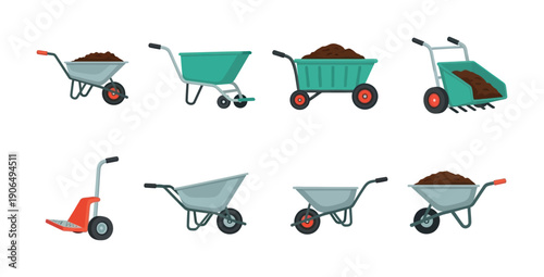 A collection of various wheelbarrows, some loaded with soil, serving as essential equipment for gardening, farming, and construction projects
