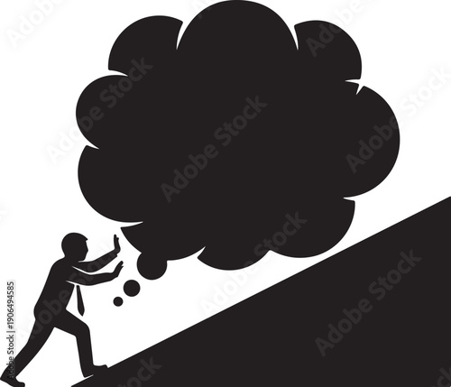Businessman pushing large thought cloud up a steep hill