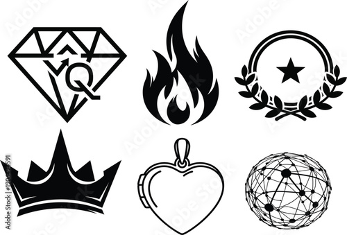 Diamond Gem, Fire Flame, Laurel Wreath, Crown, Heart Locket, Globe Icons
