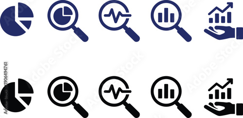 Data analysis and growth chart icons featuring pie charts magnifying glasses and progress bars in blue and black
