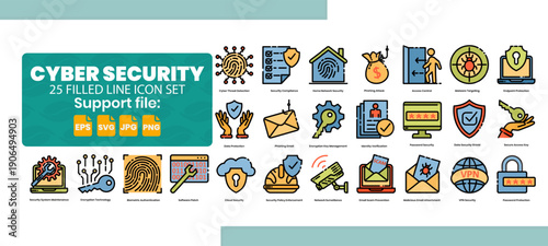 Set of 25 filled line color icons about data protection, technology and cybersecurity.