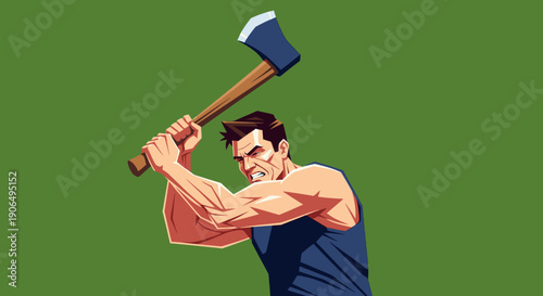 A strong, determined man in a blue tank top, with an intense facial expression and bulging biceps, powerfully raises a sharp axe against a vibrant green background.