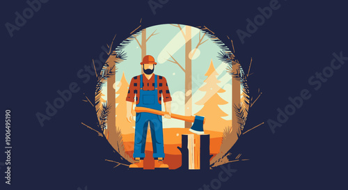 A confident lumberjack in a plaid shirt and overalls stands with his axe next to a tree stump in a stylized forest illustration.