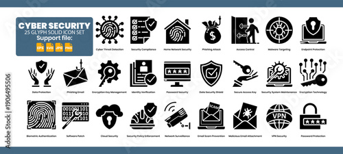 Set of 25 solid glyph icons about data protection, technology and cybersecurity.