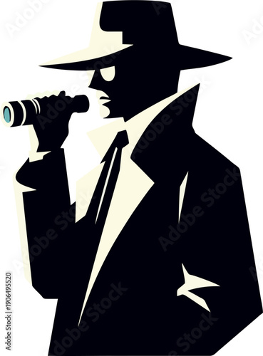 Mystery Spy Detective Silhouette with Binoculars - Minimalist Noir Investigation Concept Vector Illustration