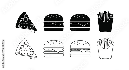 Black and white illustrations of pizza burgers and french fries