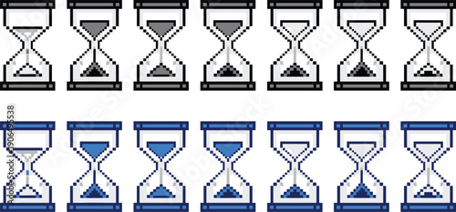 Retro pixel art hourglass animation frames in black and blue colors for game user interface and application loading