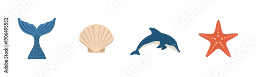 A cheerful collection of marine themed items featuring a blue mermaid tail, a beige scallop, a cute dolphin, and an orange starfish, great for summer projects, childrens content, or holiday