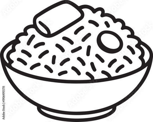 A simple bowl of rice with a soy sauce packet and egg garnish