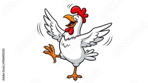 Happy cartoon white chicken with red comb and wattle dancing with wings outstretched, isolated on white