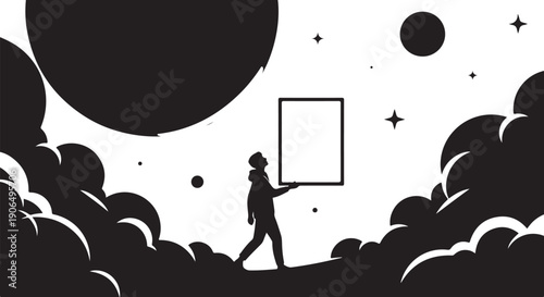Man walking with picture frame in space landscape silhouette