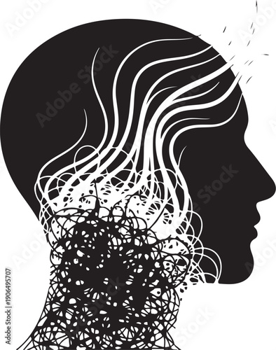 Illustration of a person's head with tangled thoughts escaping