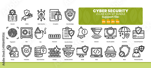 A collection of 25 line icons on the theme of data security and digital protection.