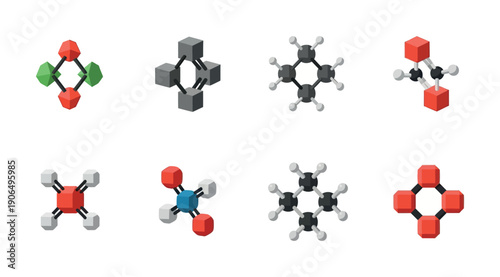 Diverse collection of abstract molecular structures and geometric models representing scientific concepts and technological connections perfect for educational content and business