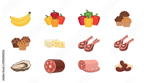 An appealing collection of essential food ingredients featuring fresh fruit, crisp vegetables, gourmet cheese, quality meat cuts, delectable muffins, and hearty legumes for grocery