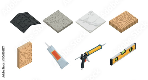 Isometric collection of various construction and building materials with tools like roof shingles, wood, tiles, caulk, and spirit level for home renovation projects and handyman services
