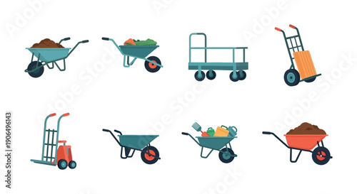 Collection of various wheelbarrows, garden carts, and hand trucks for efficiently moving soil, produce, tools, or heavy loads in home improvement, gardening, and logistics tasks