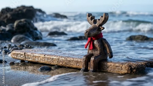 reindeer from wood. A whimsical wooden moose figurine, wearing a red scarf, sits on a driftwood log along a sandy beach, with gentle ocean waves lapping at the shore and rocks in the background
