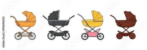 A charming collection of baby carriages and prams in various styles and colors perfect for showcasing child care products or familyoriented content