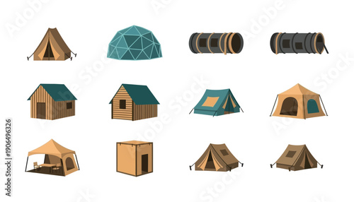 Collection of outdoor living and camping structures, including classic tents, a modern geodesic dome, rustic cabins, and unique barrel shelters, ideal for travel, adventure, and