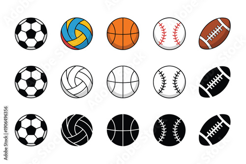 Professional sports ball icons collection featuring soccer volleyball basketball baseball and american football vector