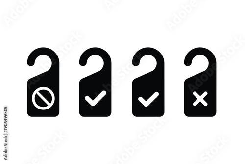 Hotel door hanger icons set with do not disturb check mark and cross symbols for room service and privacy management