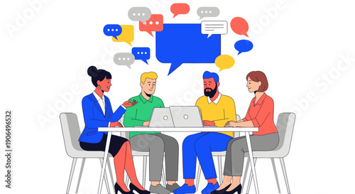 A group of people having a discussion around a table with speech bubbles above them.