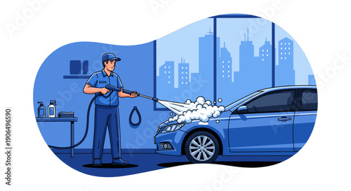 A man washing a car in a car wash bay with a cityscape in the background.