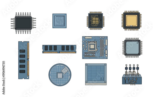 Collection of modern computer hardware components and microchips illustrating advanced electronics manufacturing and digital technology for IT and computing industry materials