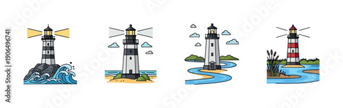 Explore a collection of lighthouses guiding ships through the sea, perfect for maritime travel promotions, oceanthemed designs, and safety awareness campaigns