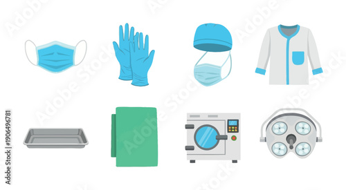 Complete set of medical and surgical supplies including protective gear, operating room instruments, and sterilization equipment, excellent for healthcare advertising and educational