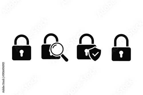 Security lock icons set with magnifying glass and shield symbol, representing password privacy and data protection
