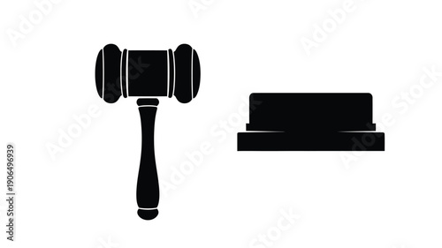 A black gavel and sound block in stark outline silhouette