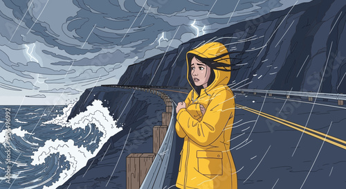Woman in Yellow Raincoat During Stormy Weather by the Coast.