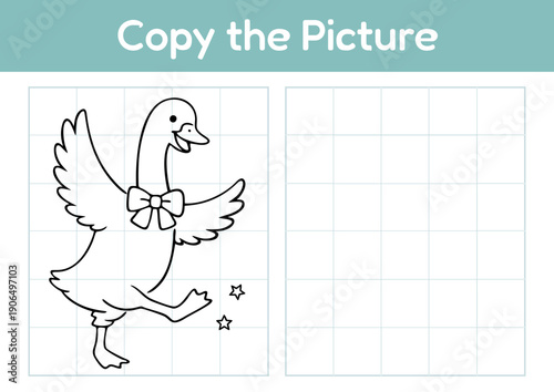 Cartoon goose with wings and bowtie in copy the picture activity  
