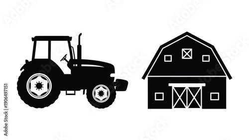 Farm scene featuring a tractor and barn in black silhouette