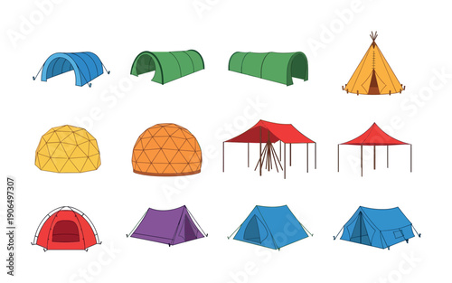 A diverse collection of various colorful camping tents and outdoor shelters for adventurers exploring nature, providing diverse options for travel, hiking, and temporary living