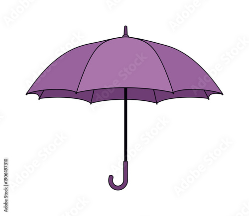 A vibrant purple open umbrella stands ready to offer shelter from inclement weather, ideal for use in seasonal advertisements, retail promotions, and weatherrelated informational graphics.