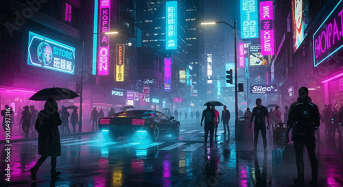 Cyberpunk Cityscape RainSlicked Streets and Neon Reflections.
