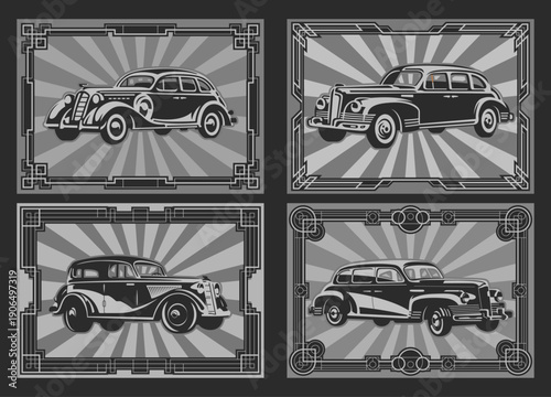 Automobiles from the 1930s - 1940s,  Retro Cars Poster Set, Art Deco Frames, Classic Automobiles, 1930s Sepia Color Palette