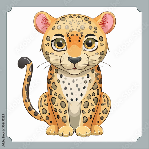 Cute cartoon baby leopard sitting and looking forward with big innocent eyes, isolated on white background.