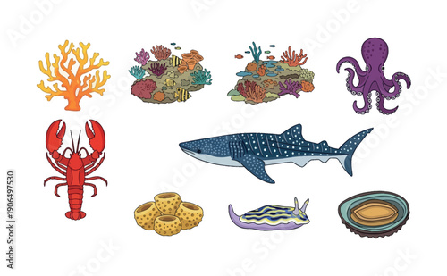 Vibrant collection of diverse marine life featuring a whale shark, octopus, and lobster with various coral reef structures, ideal for ocean environment education and aquatic theme projects.