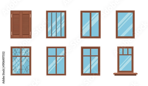 A collection of various home windows featuring wooden frame designs, clear glass panes, security bars, and practical shutters, perfect for architectural projects and building facade visual