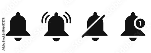 Notification Bell Icon Set with Modern UI Status Badges and Alerts. Minimalist App Notification Icons with System Alert and Mute Symbols. Bell Icon Variations of Minimalist Line Arts for Notifications